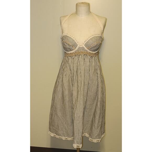 Deborah Lindquist Vintage Y2K Blue & Cream Striped Hemp & Cotton Halter Dress  S - Picture 10 of 12